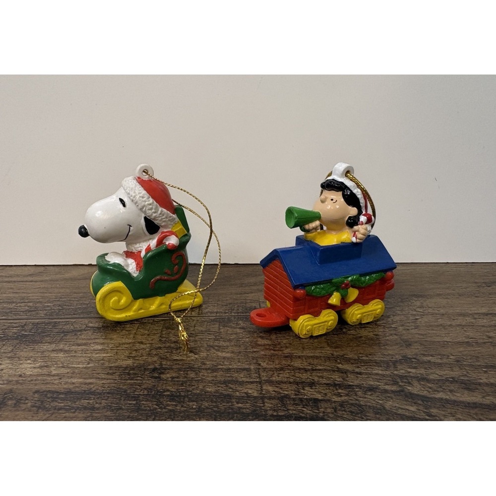 Vintage Snoopy and Woodstock Santa Sleigh & Lucy Christmas Ornaments Peanuts